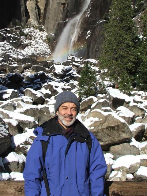 Yosemite winter-04 - John near base of Yosemite Falls